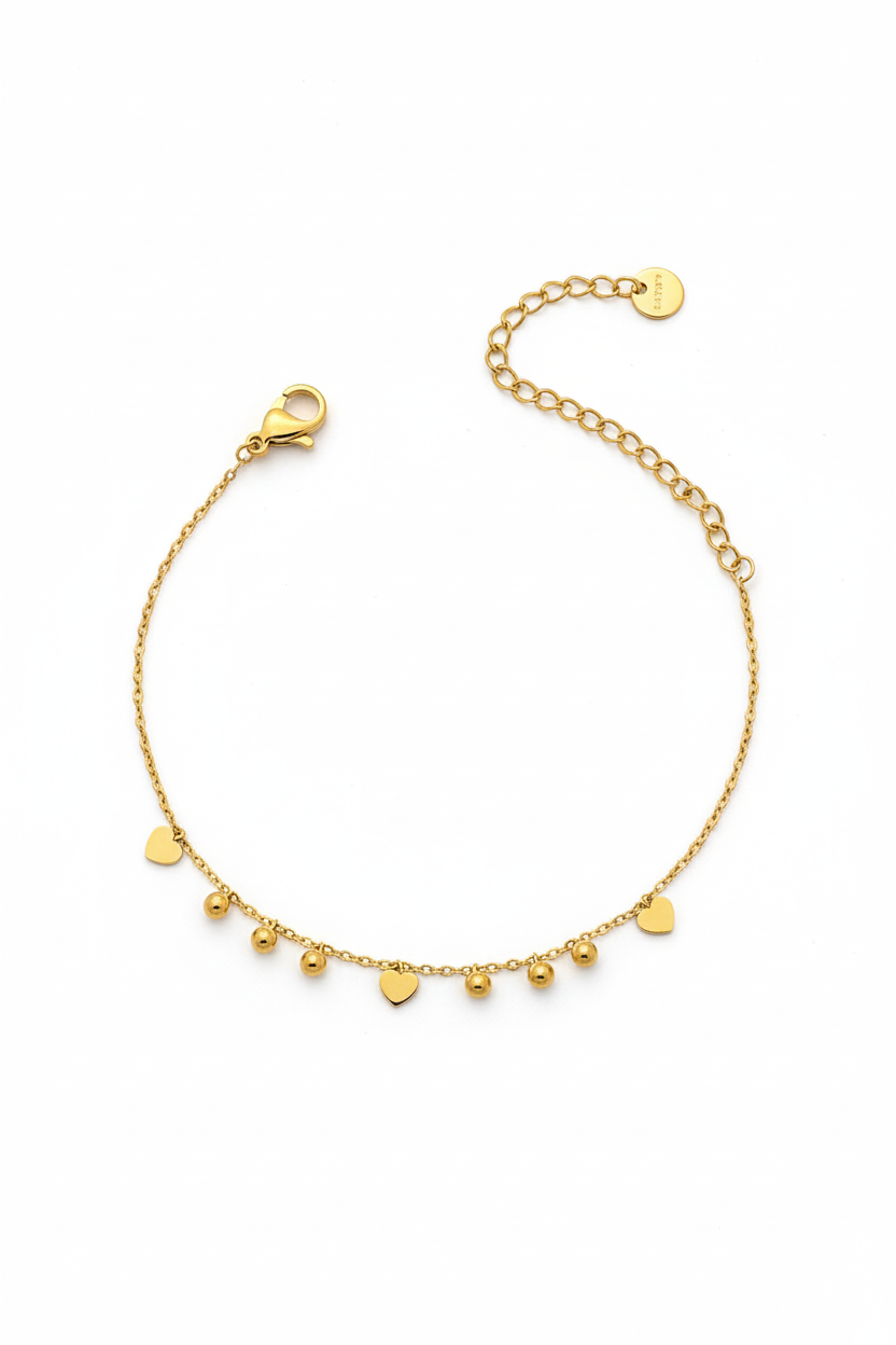 Pulsera Cadena Corazones & Bolas · Acero Dorado
